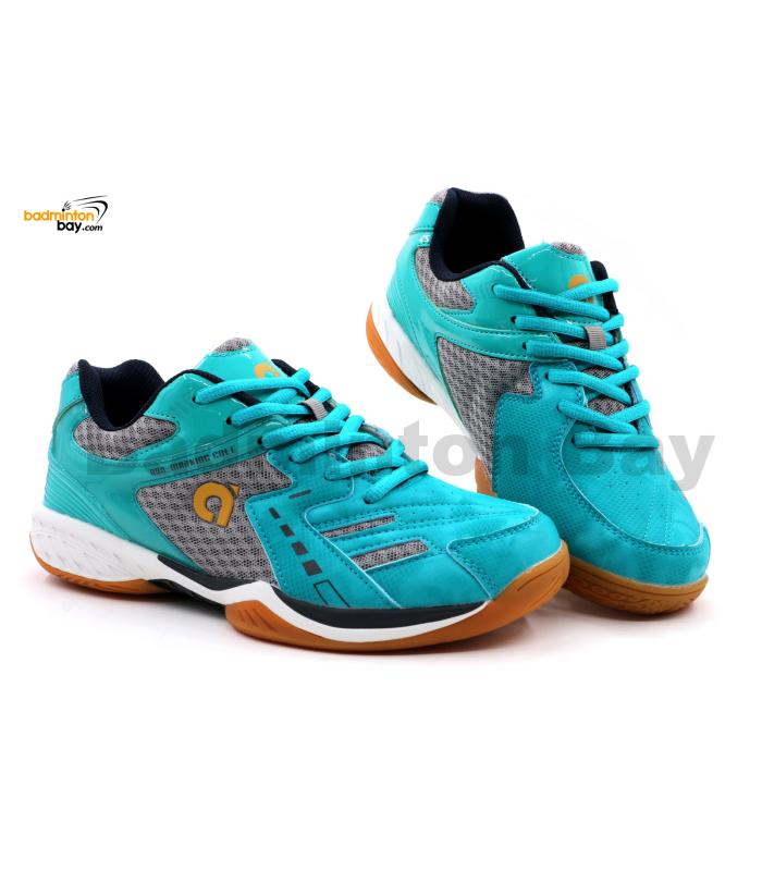 Apacs Aggressive 517 Shoes Turquoise Grey Indoor Badminton Court Shoes With Improved Cushioning and Outsole